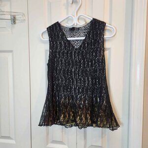 [L] Ness Dressy Sleeveless Blouse V-Neck Black Top mesh two layers sz la…